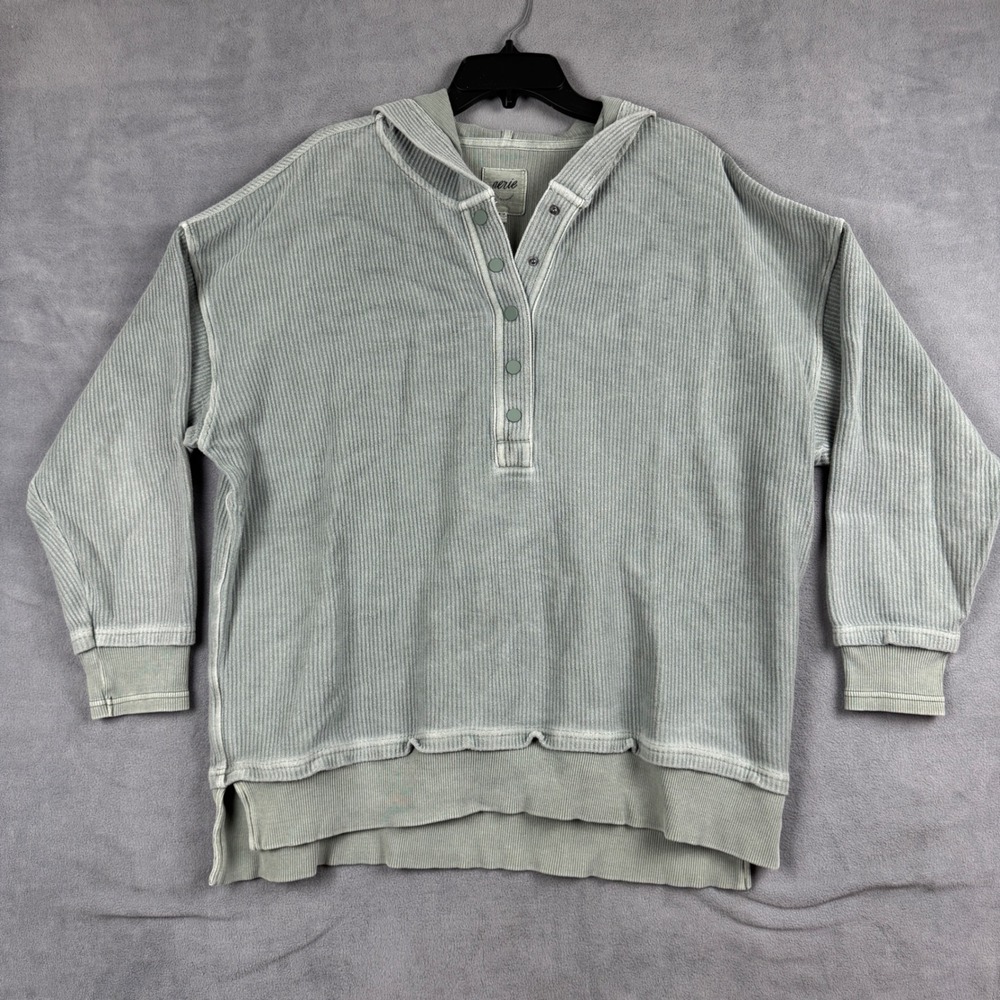 Aerie Womens M Green Corded Waffle Knit Henley Hoodie Oversized Pullover Top